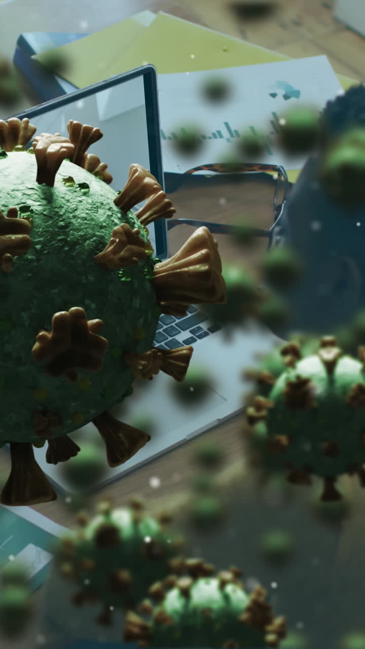 animación de las células de covid 19 sobre una mujer de negocios en una videollamada portátil