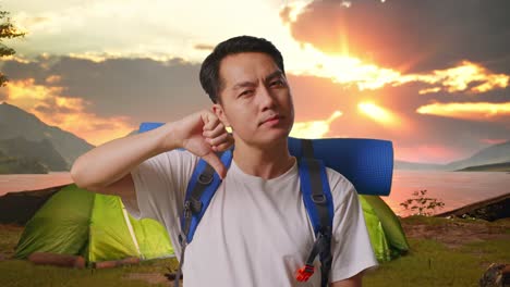 disappointed camper at sunset