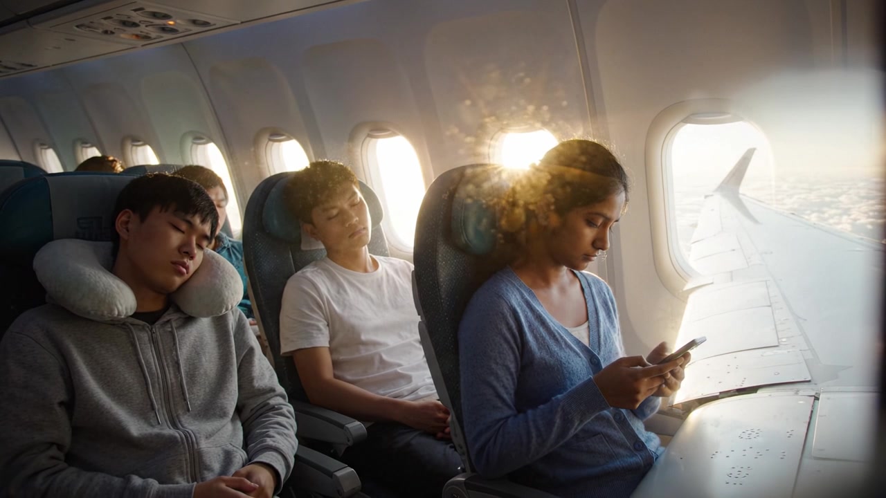 Passagiere in einer Flugzeugkabine: Drei Reisende entspannen sich und sind auf einer langen Flugreise beschäftigt, mit Ausblicken aus dem Fenster und sanfter Umgebungsbeleuchtung.
