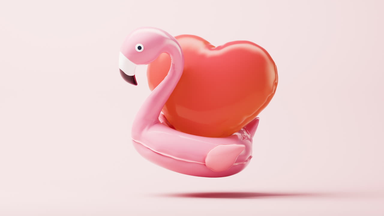 animación en bucle de anillo de natación de globo de flamenco con estilo de dibujos animados, renderización en 3d.