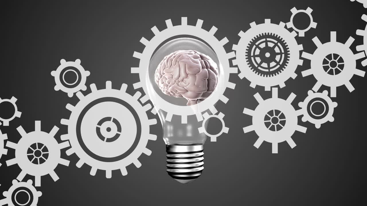 Animation of gears, brain and lightbulb over dark background