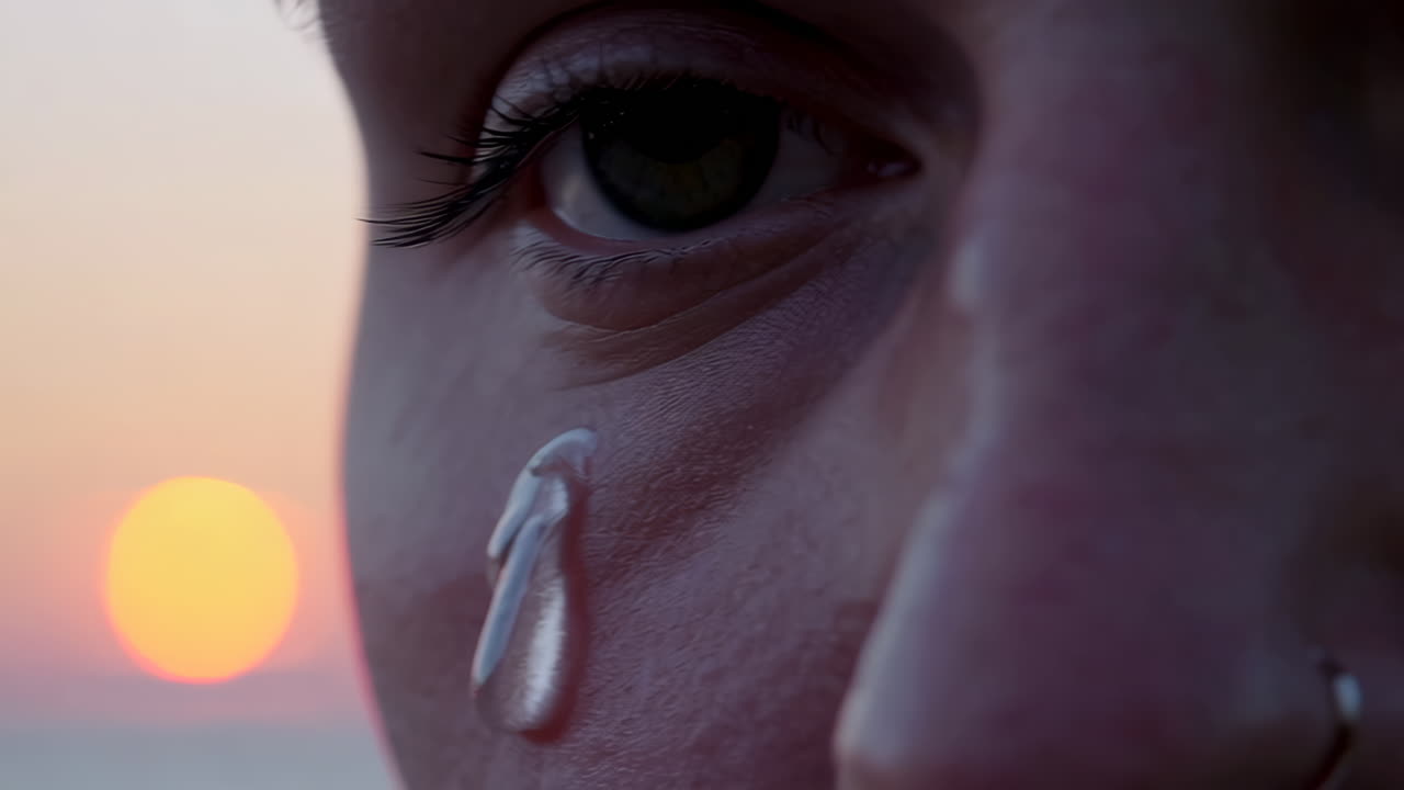 Close-up of a tear rolling down a person's face at sunset