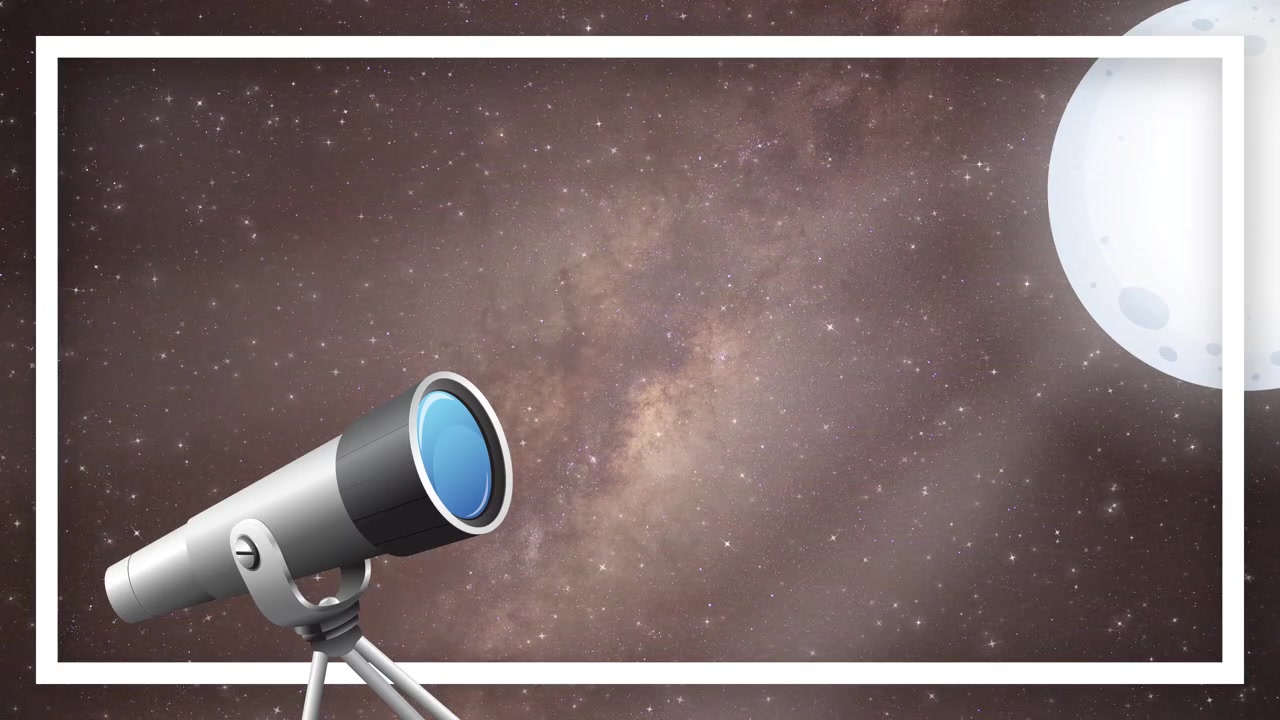 Teleskop kartun dan bulan melayang ke kanan dengan latar belakang animasi galaksi Bima Sakti yang realistis