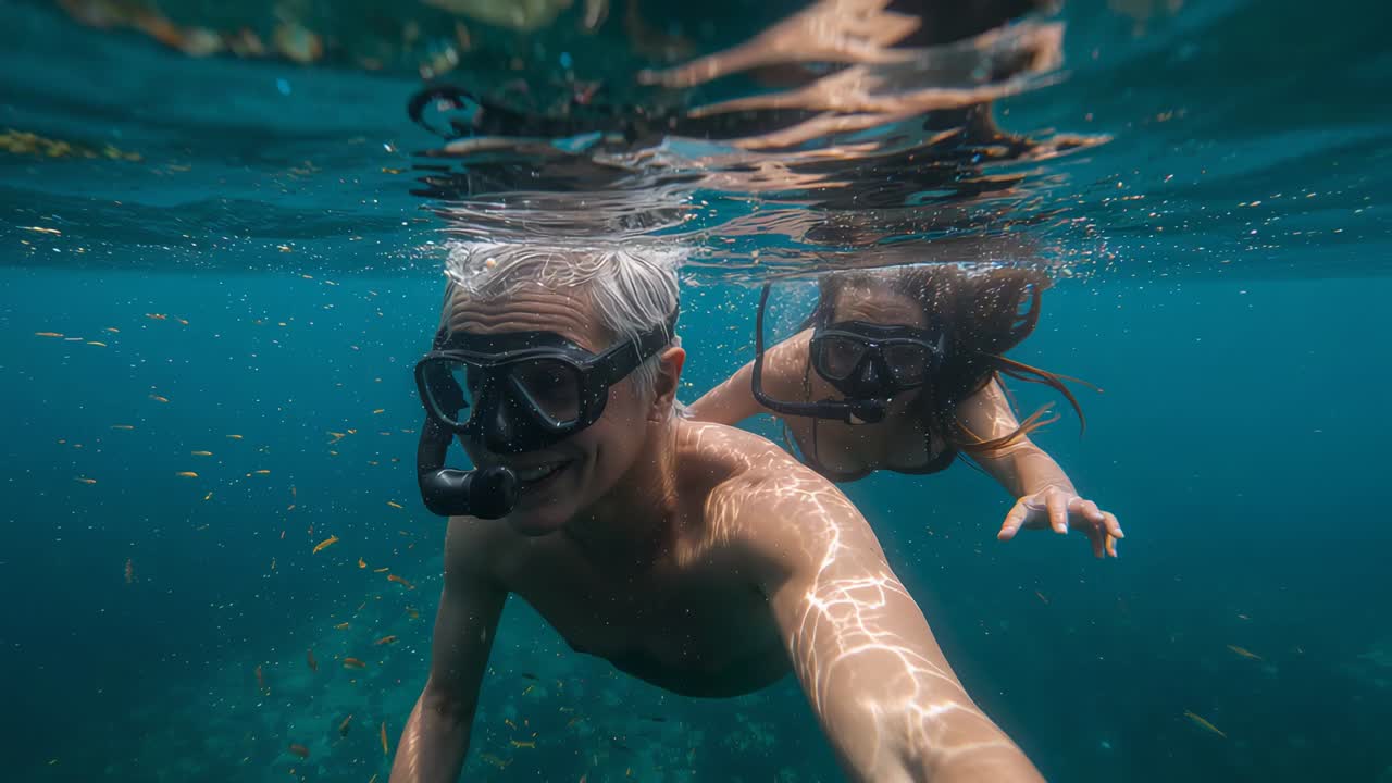 Gliding couple snorkeling with man extending camera to record reef, woman in bikini adjusting mask