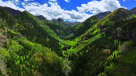 yankee boy basin telluride box canyon colorado black bear pass road rocky mountains 4wd hiking blue sky cliffside valley aerial drone clouds ouray ridgway summer aspen forest forward motion