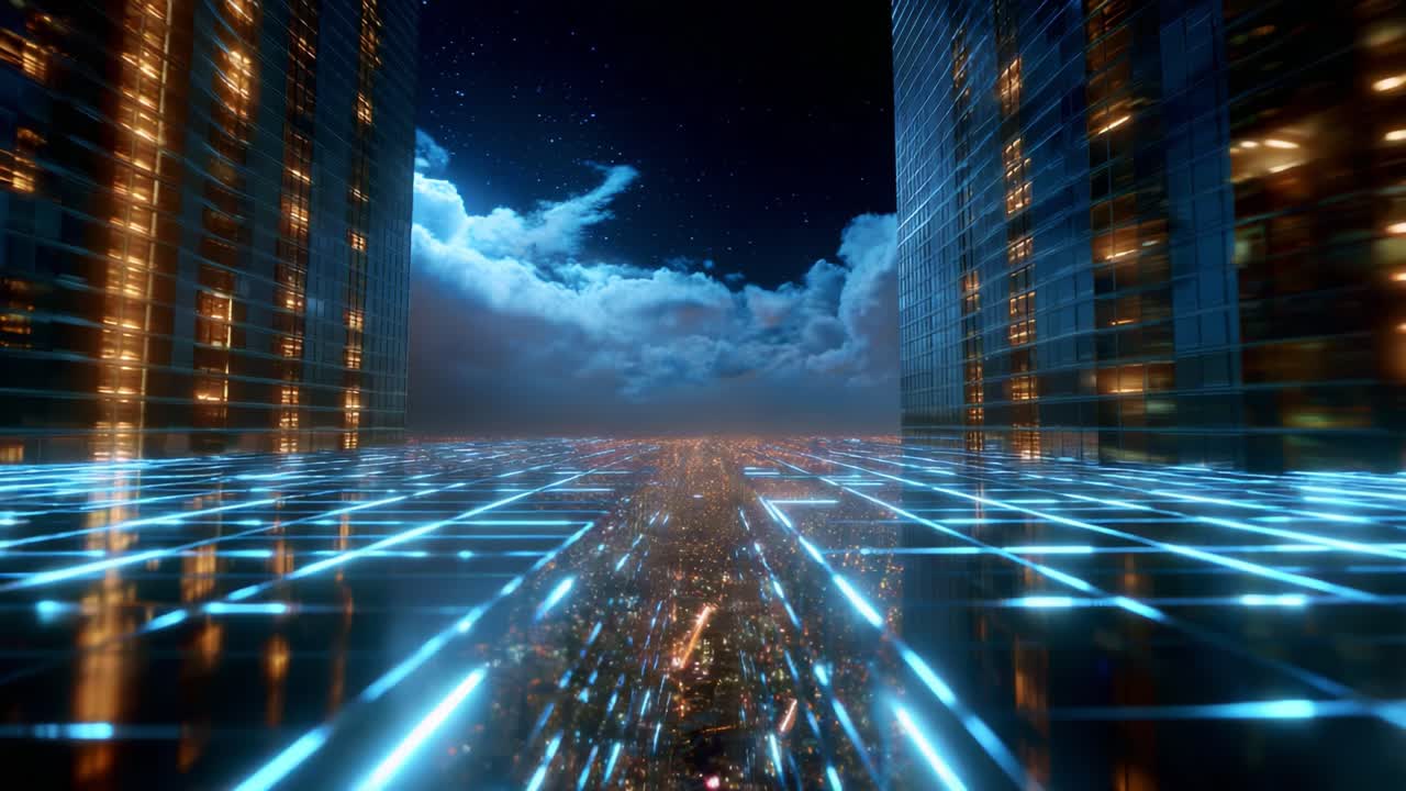A breathtaking futuristic cityscape showcases a dynamic blend of technology and architecture, featuring illuminated grid patterns and towering skyscrapers against a starry night backdrop