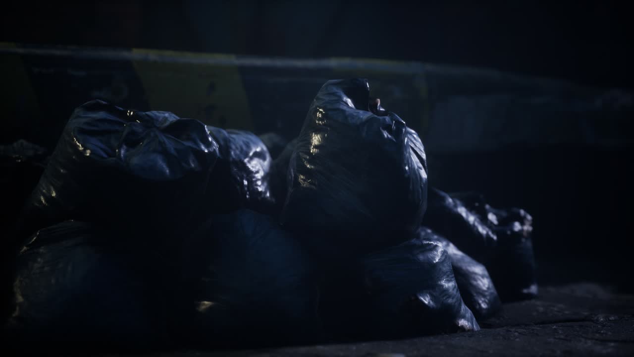 Garbage bags at city street an night