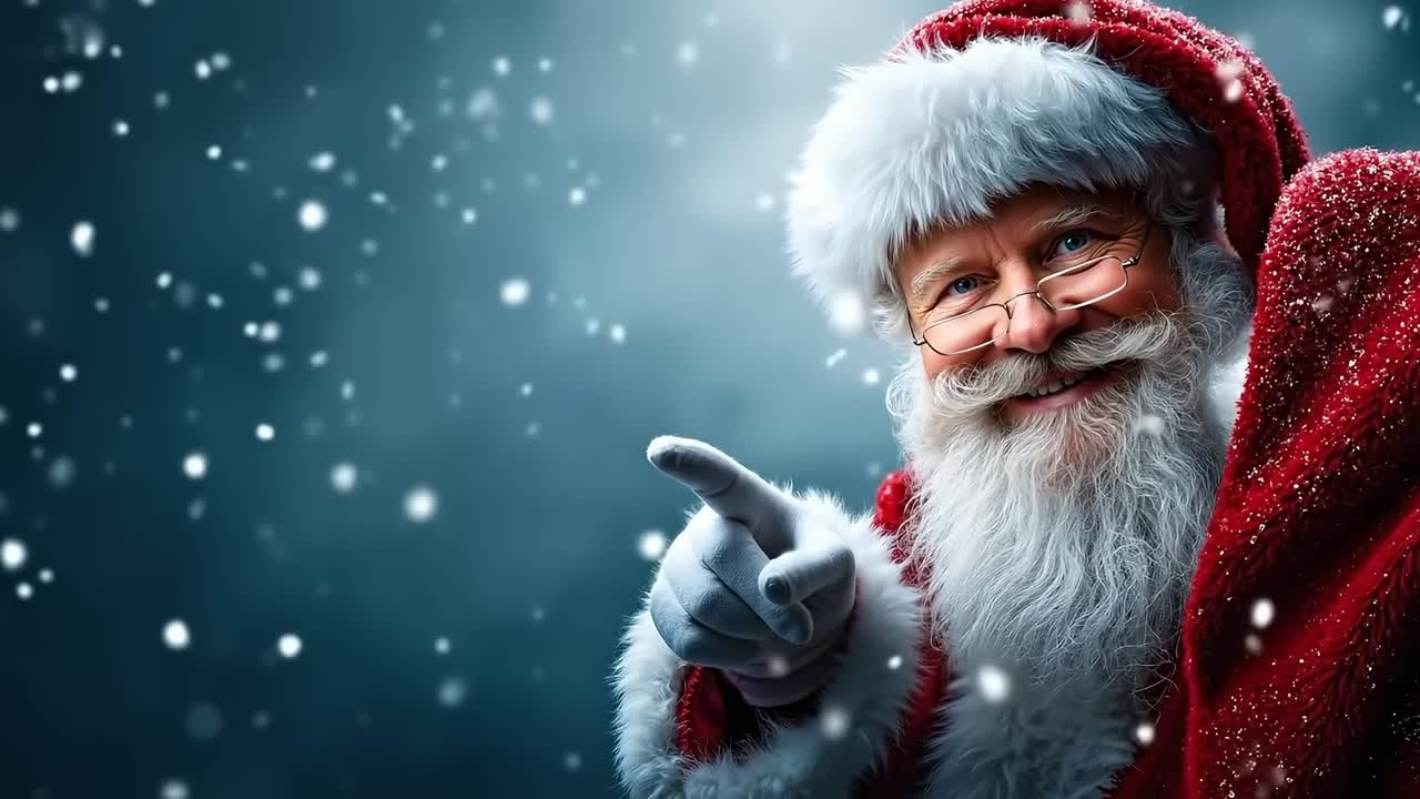 A man dressed as Santa Claus pointing at the camera