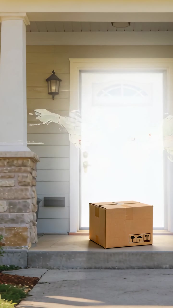 Vertical video: Shifting map revealing sealed box on porch camera moving in to show delivery icons