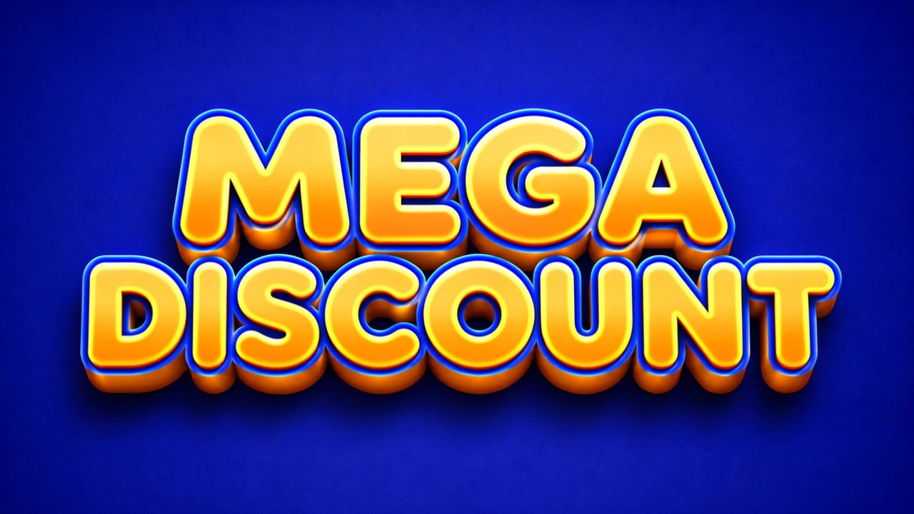 Tipografia promozionale 3D dorata 'Mega Sconto' su sfondo blu vibrante, con profondità dimensionale e finitura lucida.