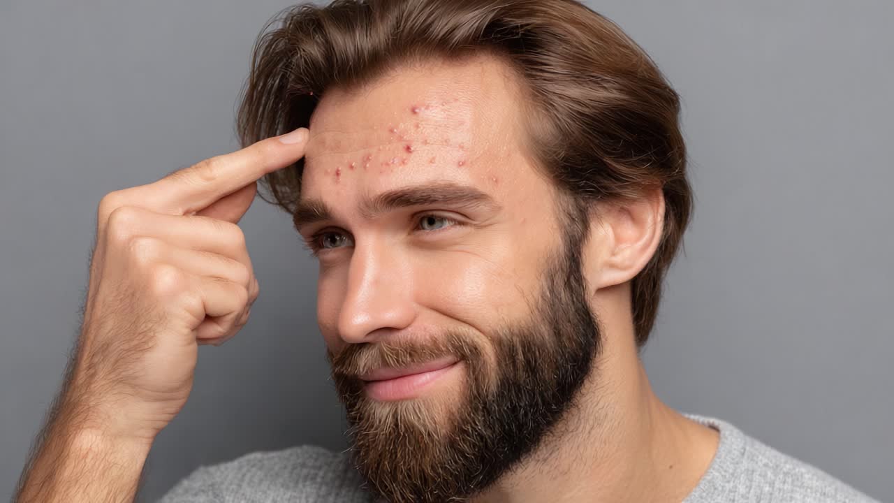 Un uomo che esamina le imperfezioni della pelle della fronte, concentrandosi sugli sfoghi acneici e sulla cura personale in un primo piano su uno sfondo neutro