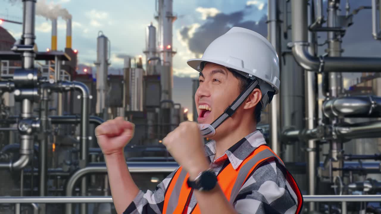 Close Up Of Side View Of Asian Male Engineer With Safety Helmet Screaming Goal Celebrating Working In a Refinery, Oil Processing Equipment And Machinery