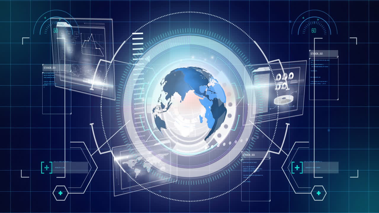 디지털 화면에서 스캔, 글로브 및 데이터 처리의 애니메이션