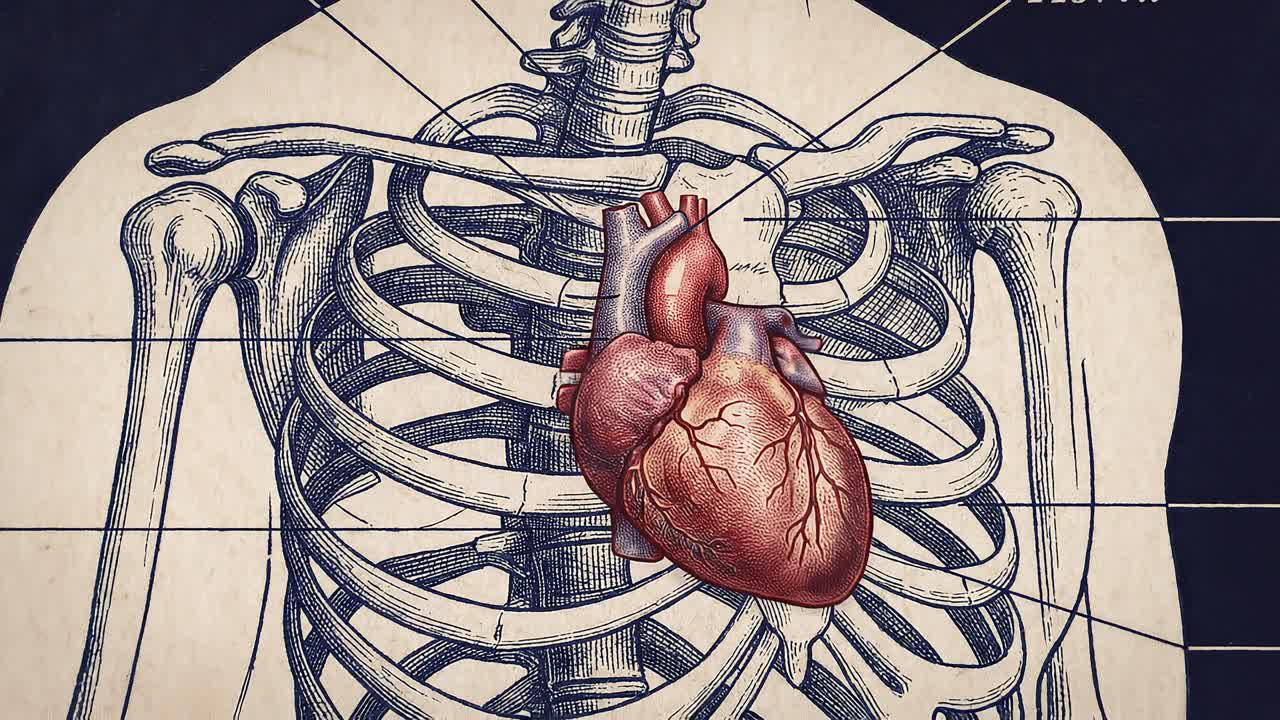 Vintage anatomical illustration of human skeleton with labeled heart and organs in classic medical diagram style background