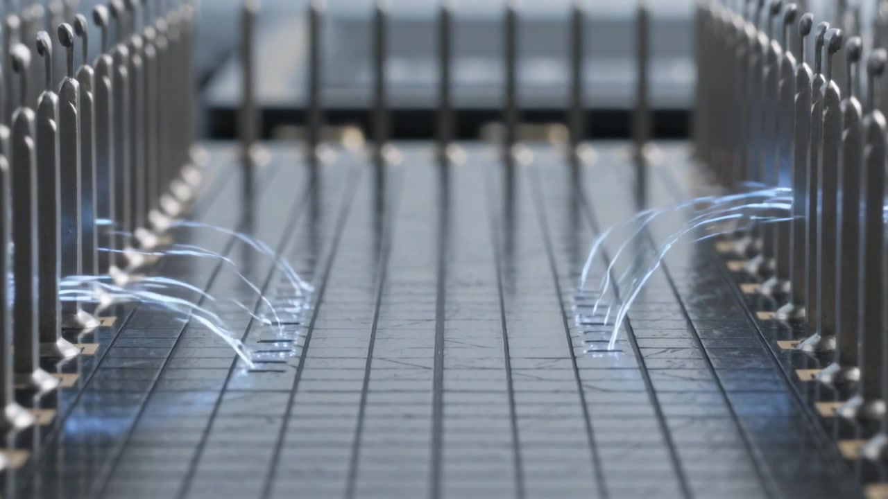 Faint blue streaks emerging forming paired arcs rising from emitters in tiled channel, metal posts
