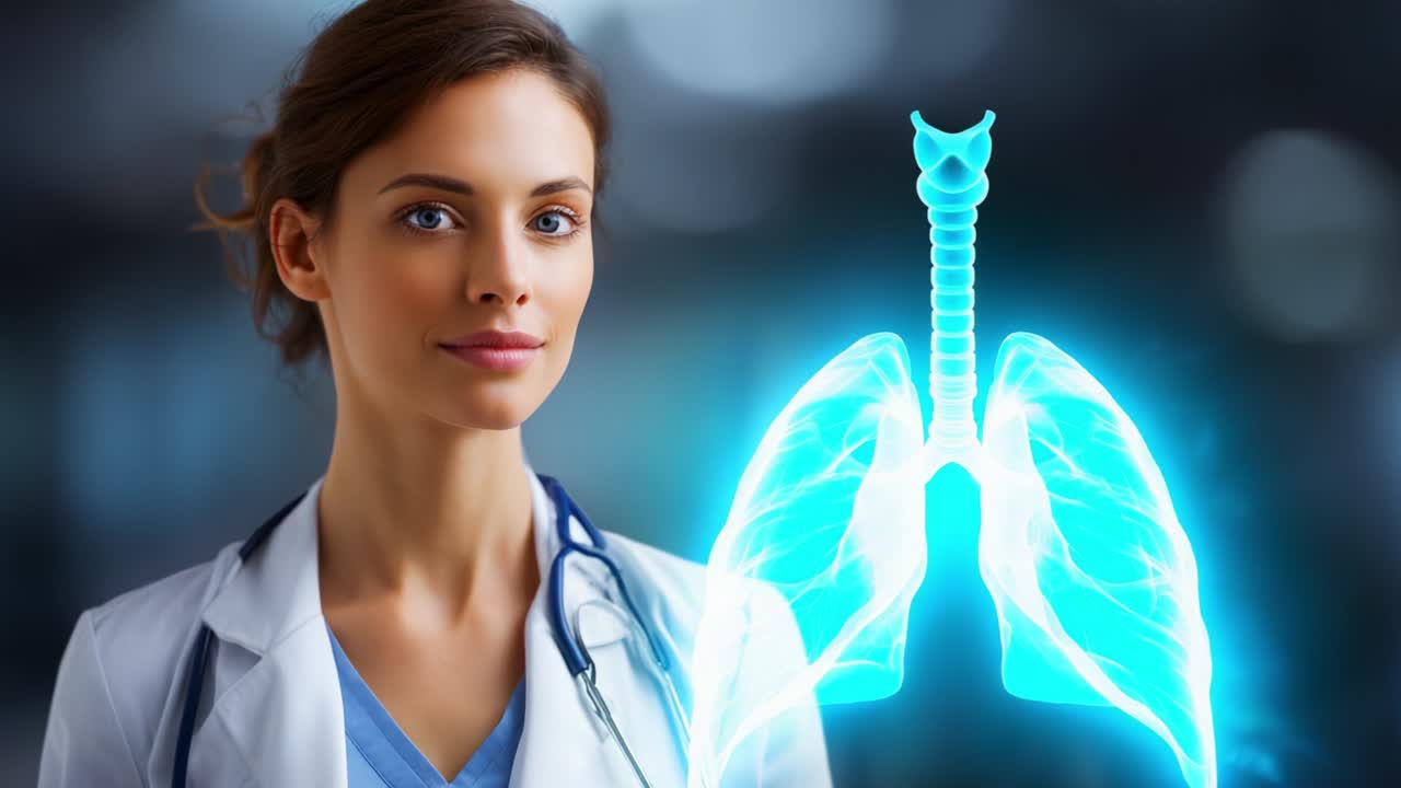 A professional healthcare practitioner in a clinical setting, showcasing advanced visual technology illustrating lung anatomy and function, symbolizing innovation and dedication in respiratory health and medical care
