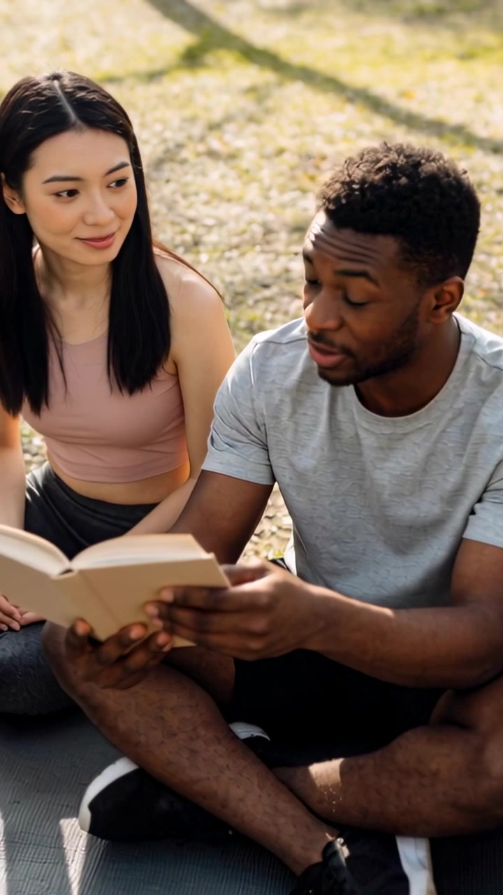 Video verticale: Apertura di un libro, uomo che legge ad alta voce al parco, donna con top rosa che segue il testo per studiare.