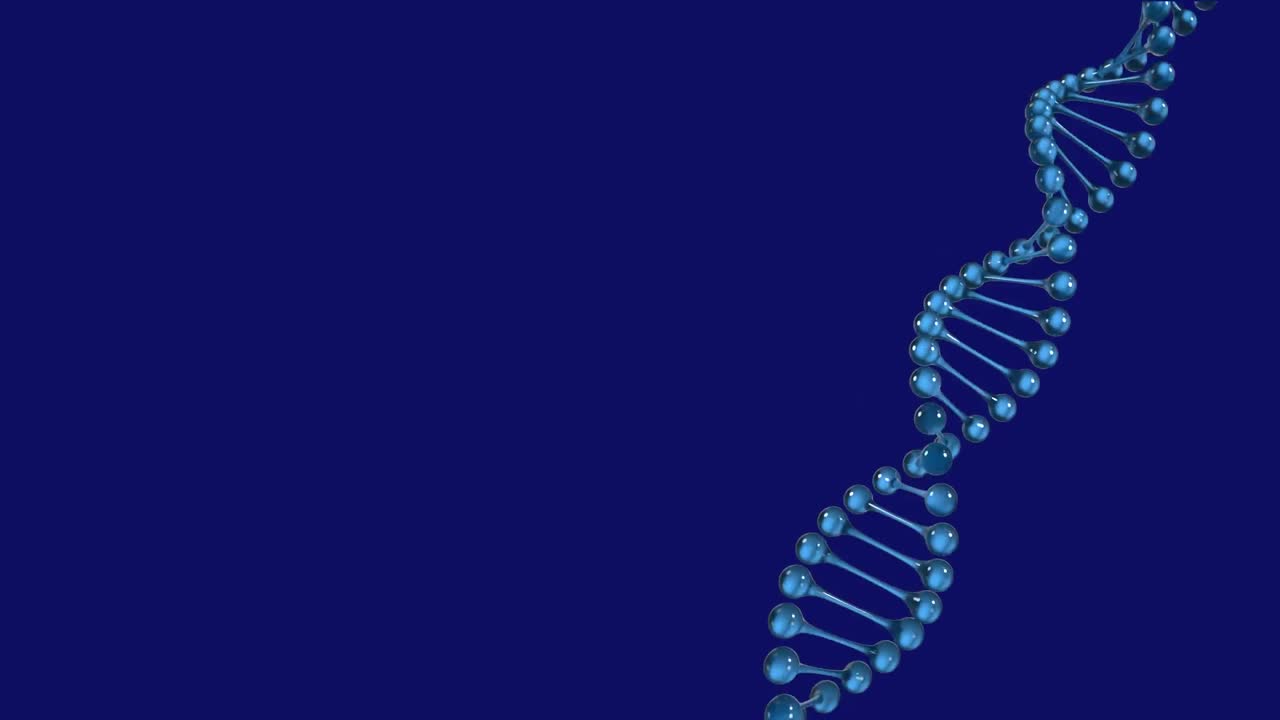 Animazione di un filamento di DNA che ruota su sfondo blu