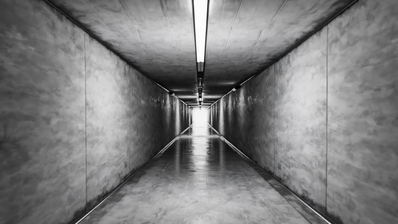 Empty, dark underground tunnel reflecting artificial lights in monochrome, evoking a mysterious and dramatic atmosphere filled with shadows and a sense of isolation