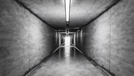 empty, dark underground tunnel reflecting artificial lights in monochrome, evoking a mysterious and dramatic atmosphere filled with shadows and a sense of isolation