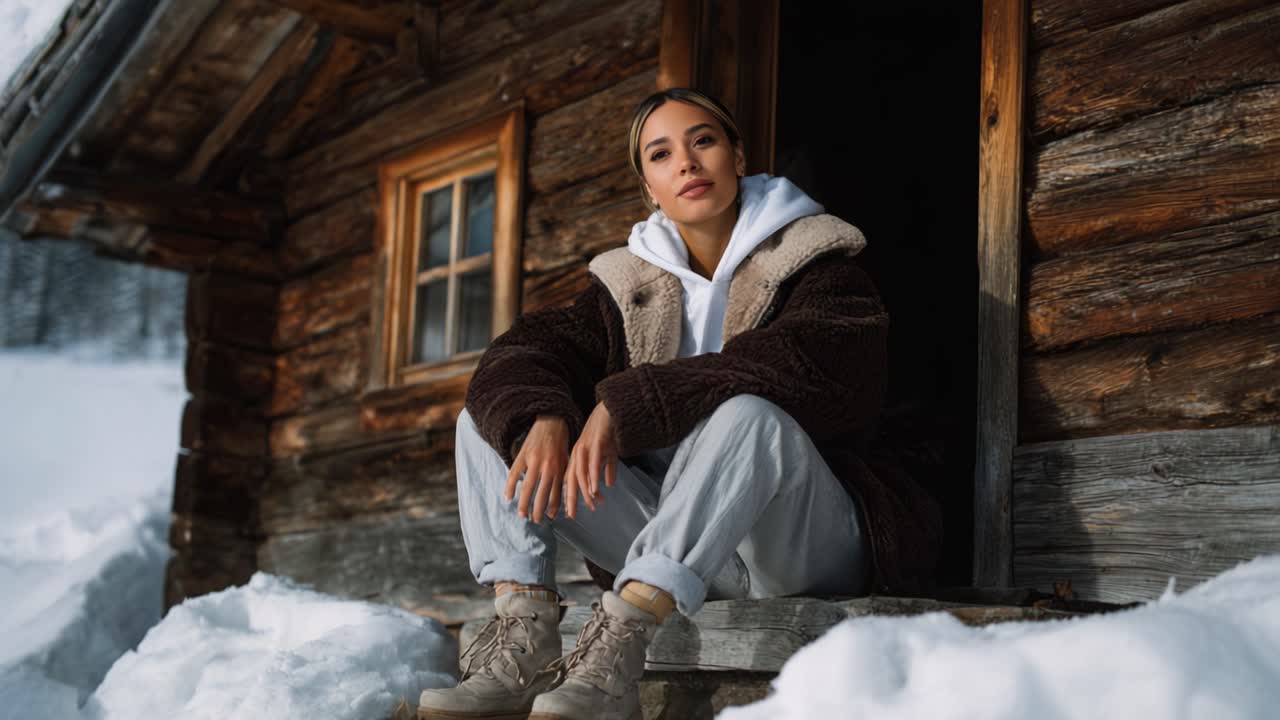 Cozy Winter Retreat: A Woman Lounges at a Snowy Cabin, Embracing the Tranquility of Nature with Warmth and Comfort in a Serene Frozen Landscape