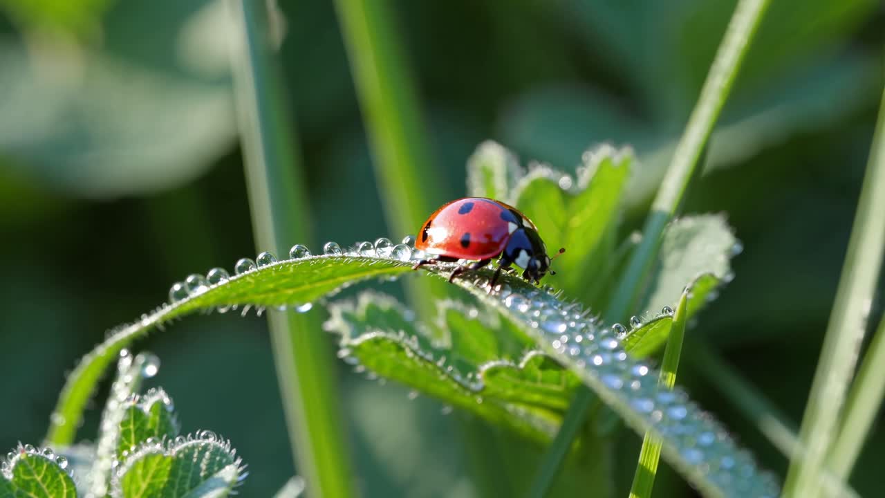 Close-up shot of a ladybug on a dewy leaf, captured from a low angle