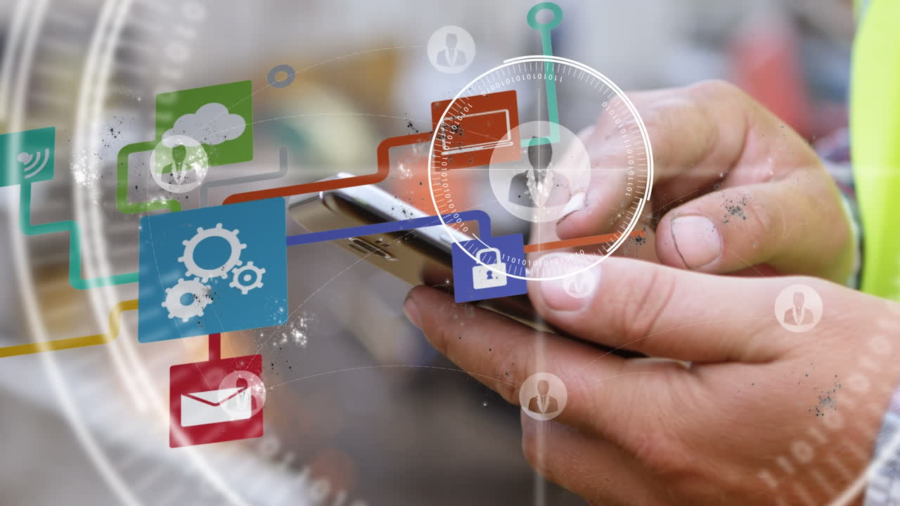 animación de la red de conexiones y el globo sobre la persona que utiliza el teléfono inteligente