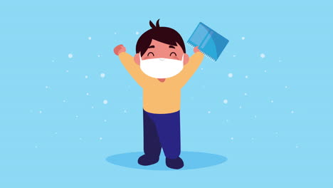 의료 마스크를 착용 한 작은 학생 소년 캐릭터