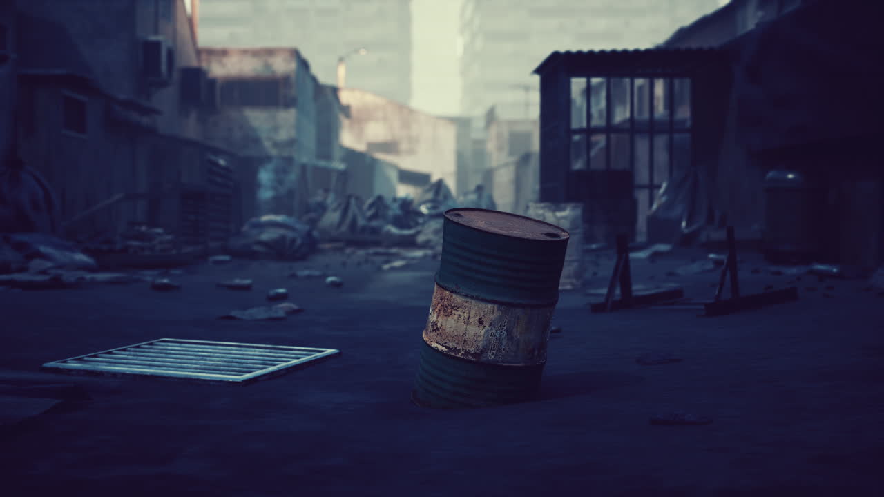 Abandoned urban landscape with debris and a rusted barrel at dusk