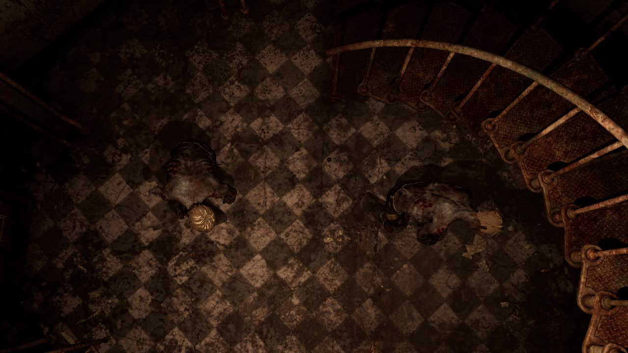 un distópico destruido interior en ruinas, con escombros y zombies de pie respirando ociosamente, animación 3d, escena animada, cámara de la vista superior alejar el zoom