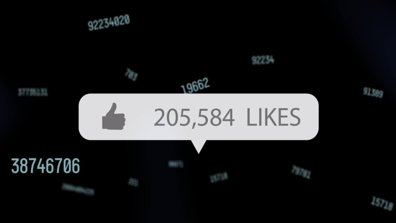 Animation of social media like icon floating over changing numbers on black background