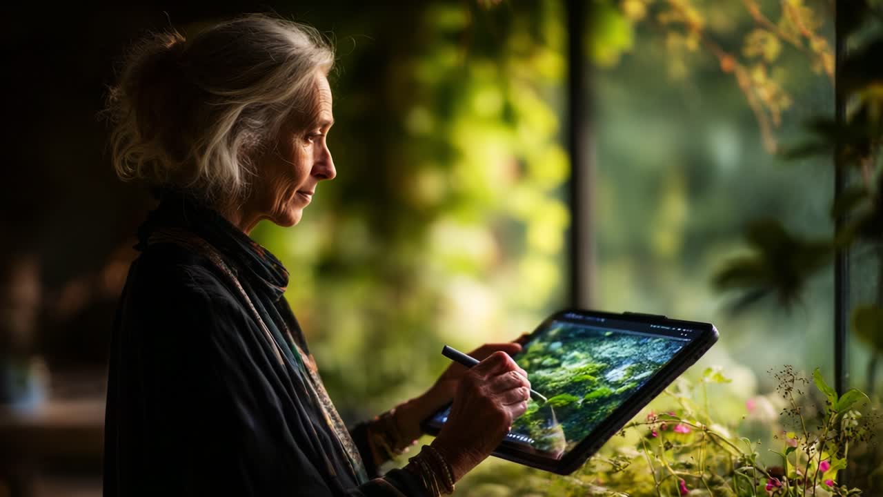 A Reflective Artist Engaged in Digital Creation Amidst a Lush Greenery, Capturing Nature's Beauty on a Tablet Screen with Focus and Passion in a Serene Environment