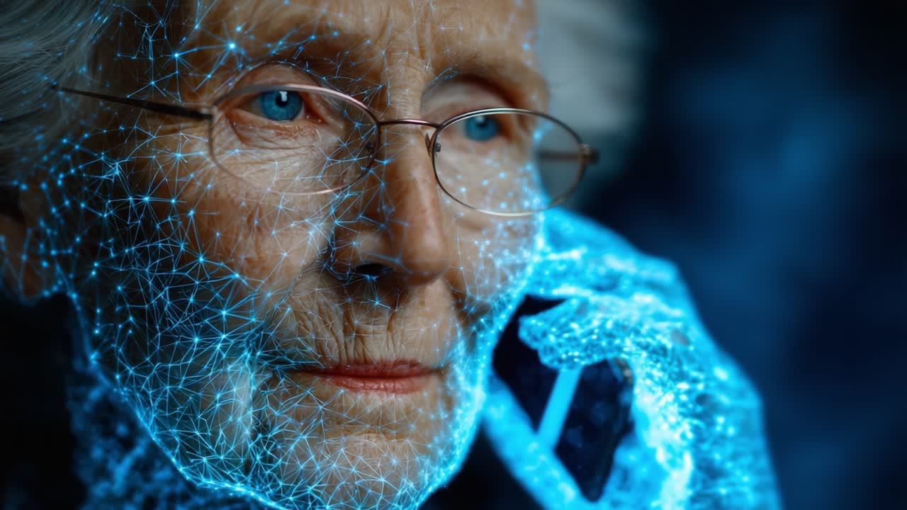 A stunning visual representation of advanced technology, depicting an elderly woman engaged in a phone conversation, merging human and digital elements in an intricate neural pattern