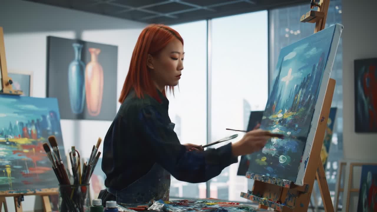 A Talented Artist Captivates with Colorful Brushstrokes in a Vibrant Studio, Creating Intricate Landscape Paintings with Emotion and Depth