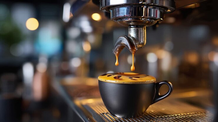 Un ricco espresso scende in una tazza nera opaca. Il vapore sale delicatamente mentre il liquido scuro cola dall'ugello della macchina. La tazza poggia su una griglia metallica texturizzata, raccogliendo le goccioline. Una luce calda illumina dolcemente.