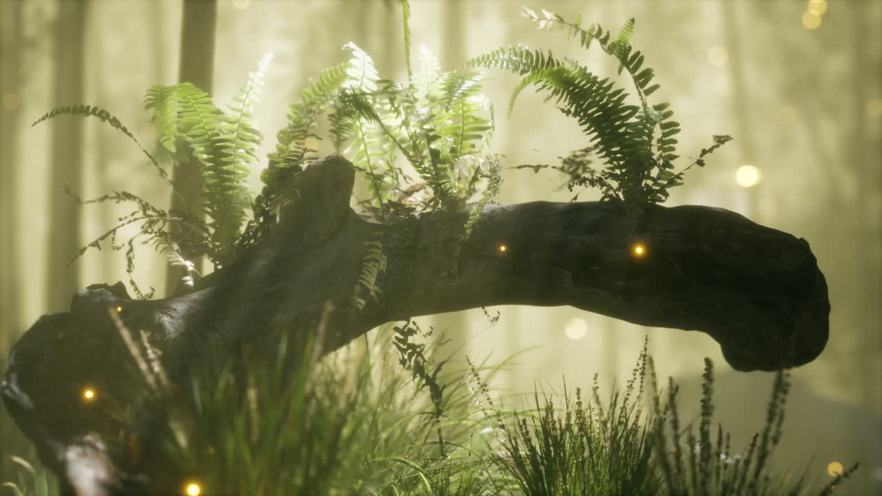 tronco del árbol doblado horizontalmente con helechos creciendo, y la luz del sol brillando