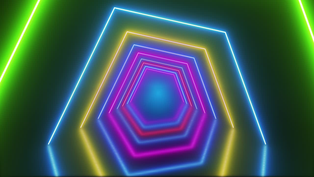 Colorful moving neon tunnel. Lines of portal glowing and reflected on floor. Looped seamless animation.