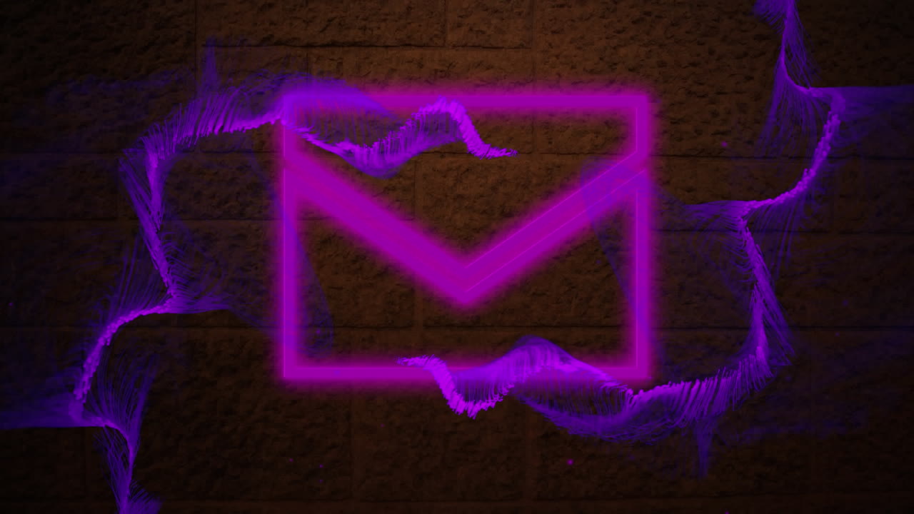 Digital animation of purple digital waves over neon pink message icon against brick wall
