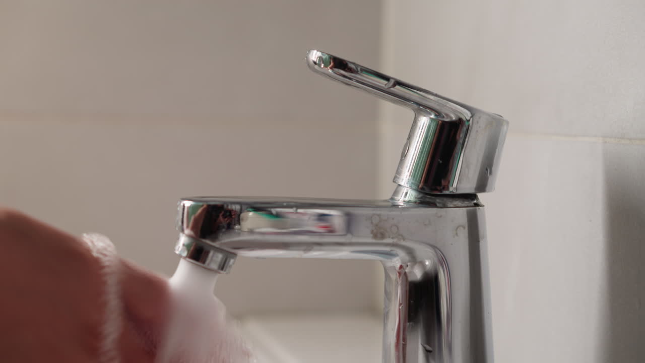 Young female opens faucet and washes hands thoroughly