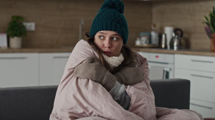 Caucasian woman wearing the warm clothes and covering the duvet.