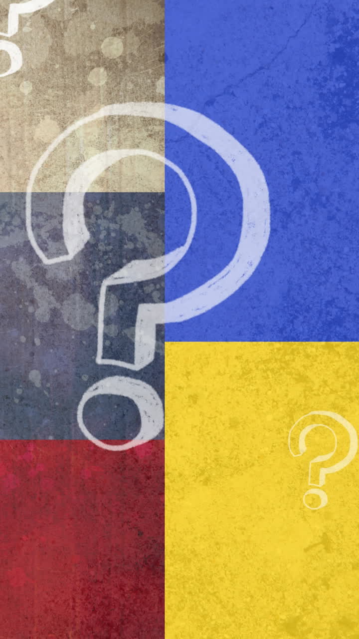 animación de signos de interrogación flotando sobre la bandera de rusia y ucrania