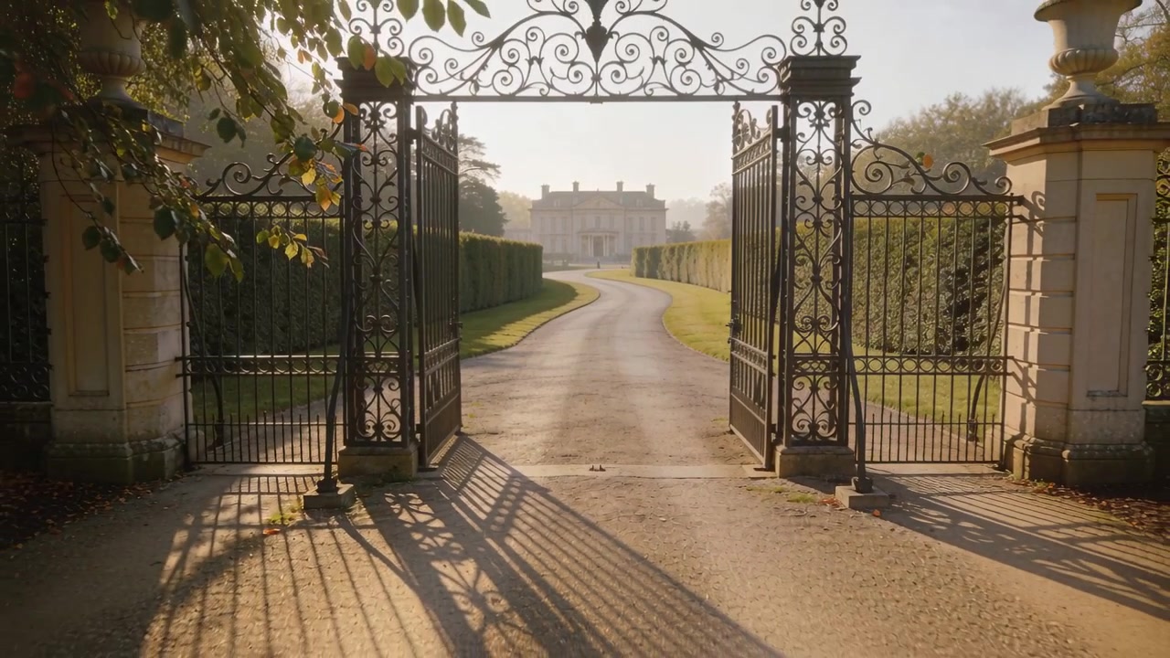 Moving camera revealing ornate wrought-iron gate at estate entrance, showing shadows and driveway