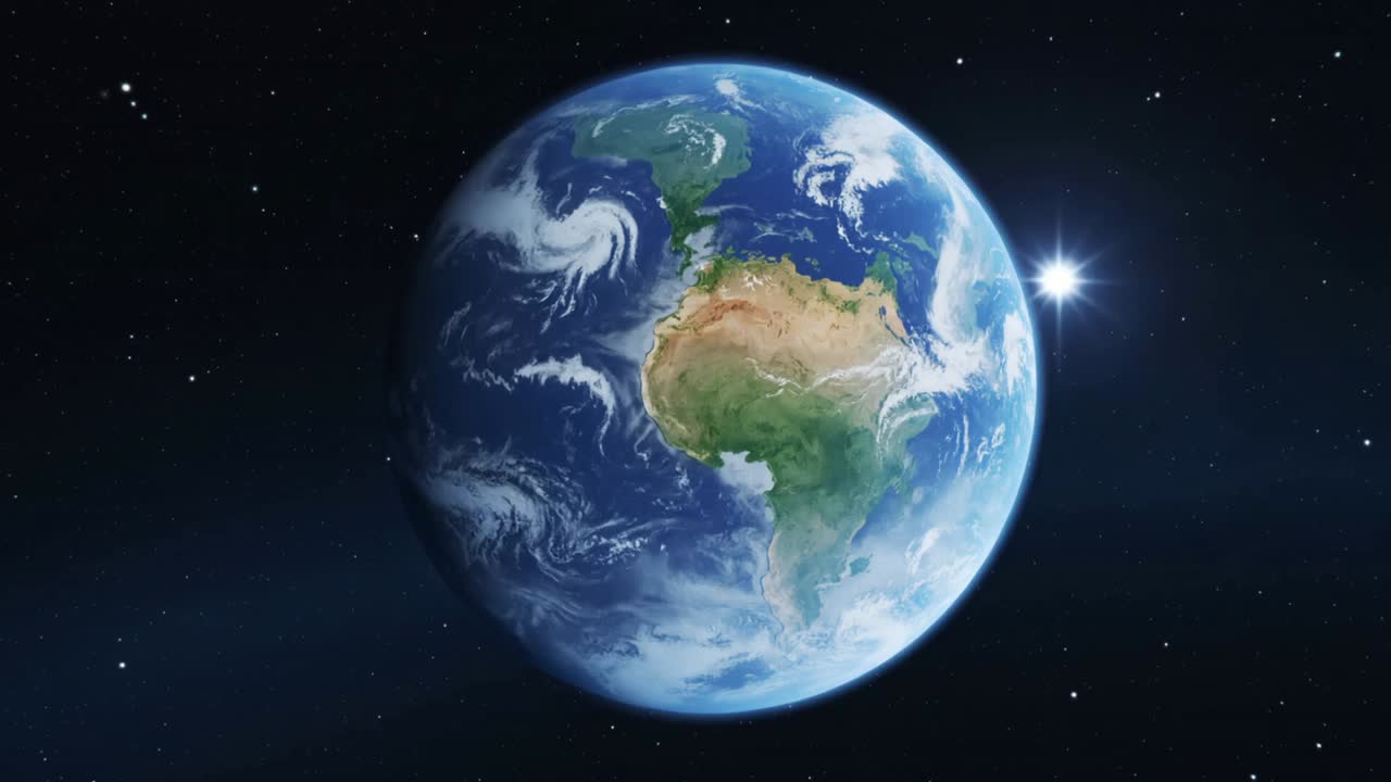 Rotating planet Earth showing rotation relative to sun, dusk line moving across starfield
