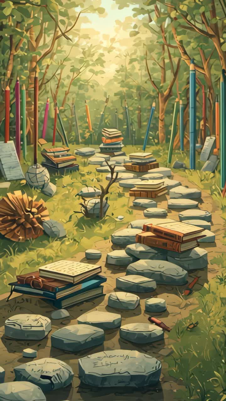 Vertical video: Moving camera gliding forest clearing revealing winding path with books and pencils