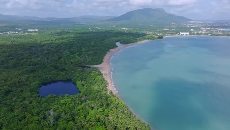 aerial drone shot of playa punta bergatín, puerto plata, showcasing the beach, lush vegetation, and nearby tourist complexes