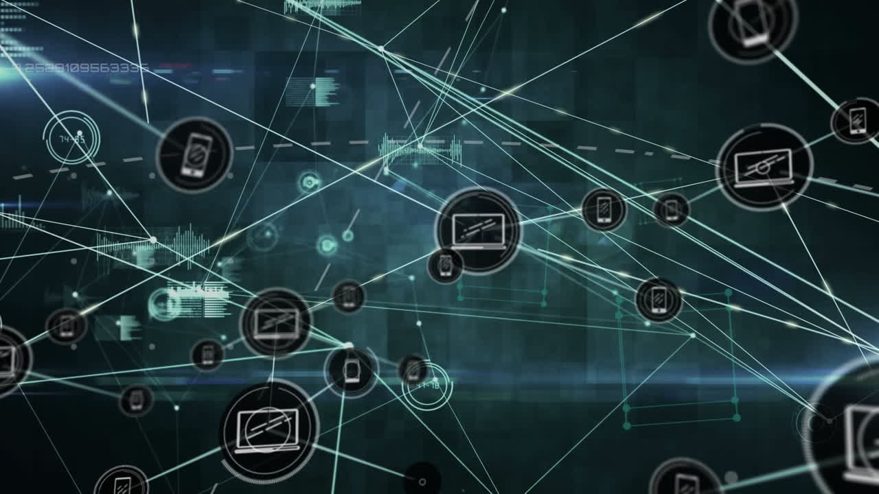 animación de la red de conexiones con iconos y procesamiento de datos sobre fondo negro