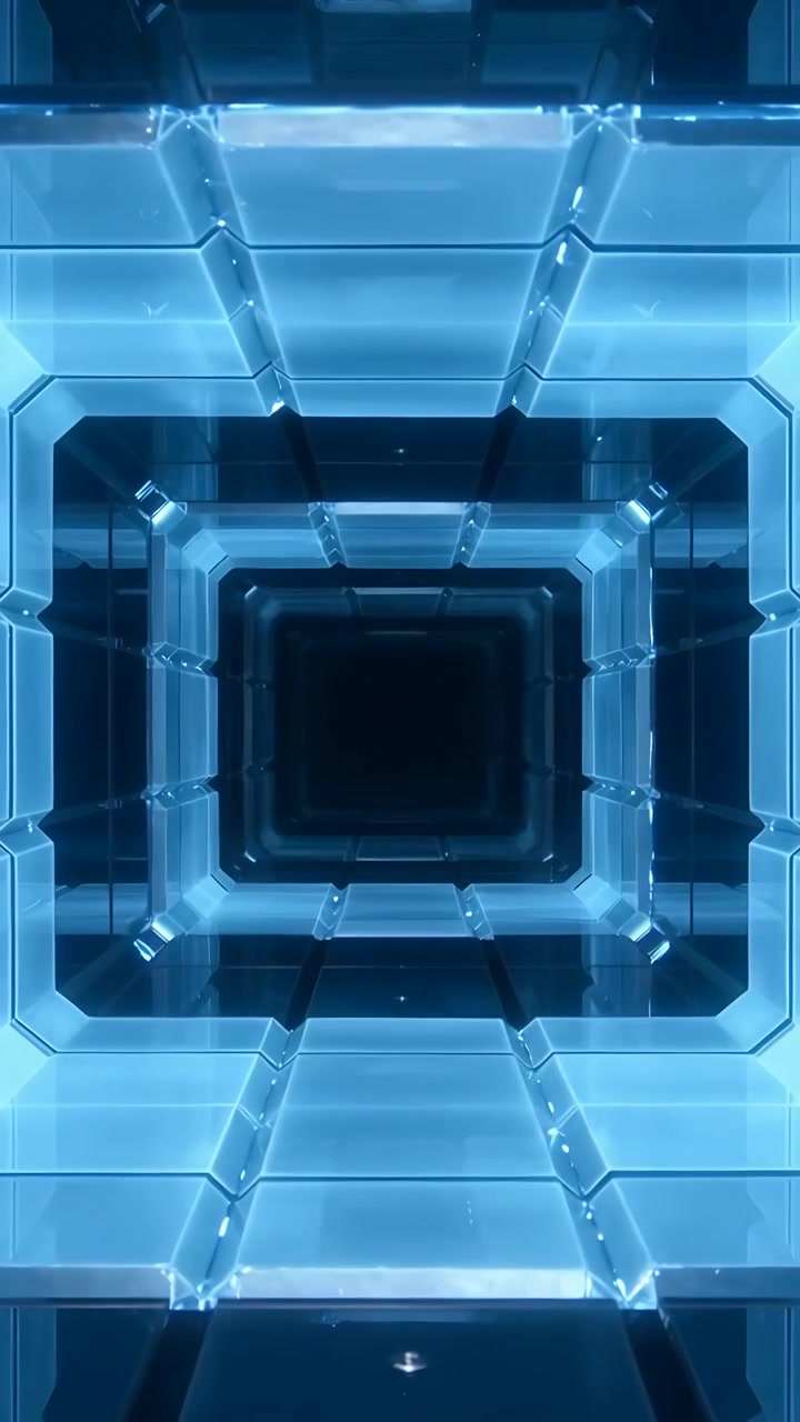 Video verticale: Un tunnel pulsante di pannelli a strati che si ritrae verso il nucleo dopo un impulso blu in un portale LED.