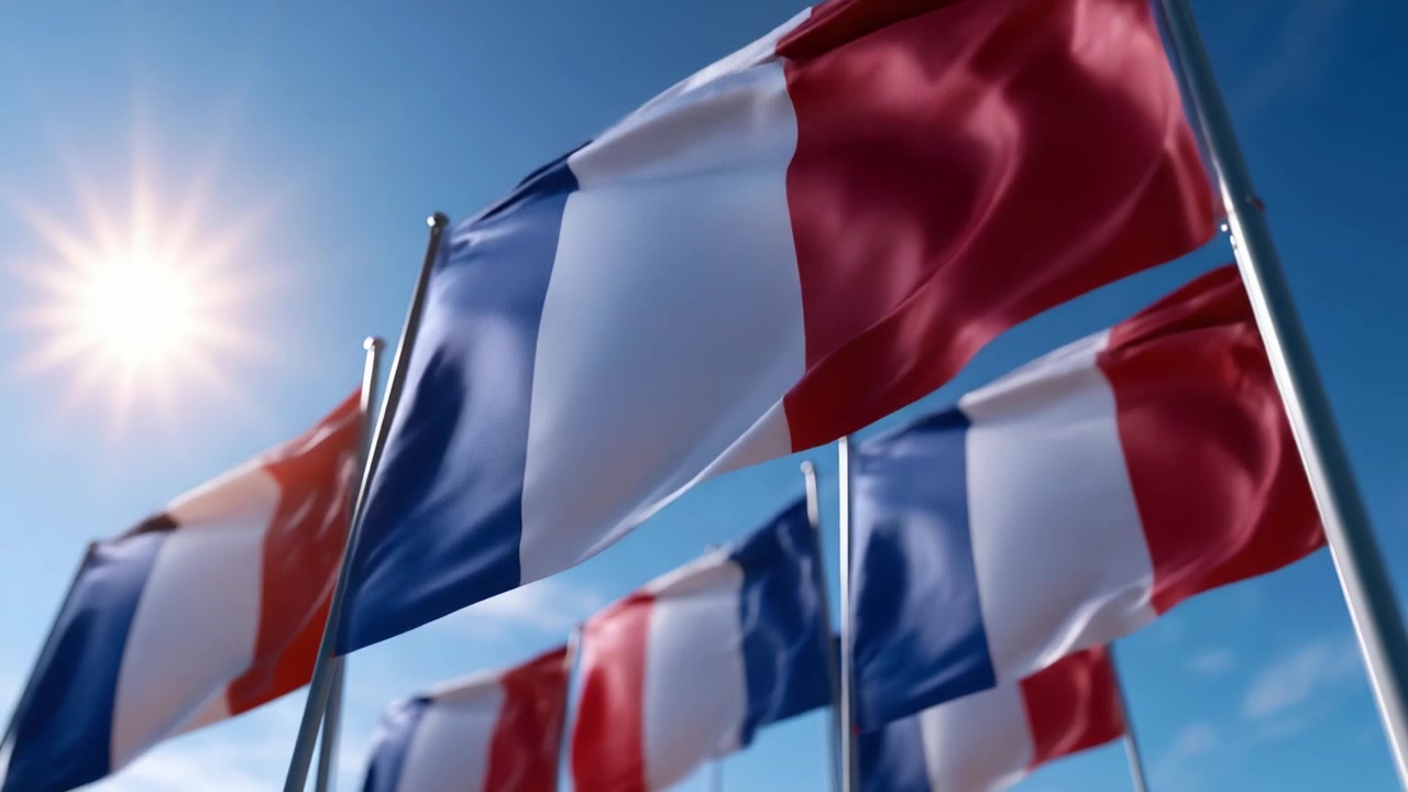 A Beautiful Display of French Flags in the Breeze Under a Bright Sunlight, Symbolizing National Pride and Spirit in an Open Sky Setting