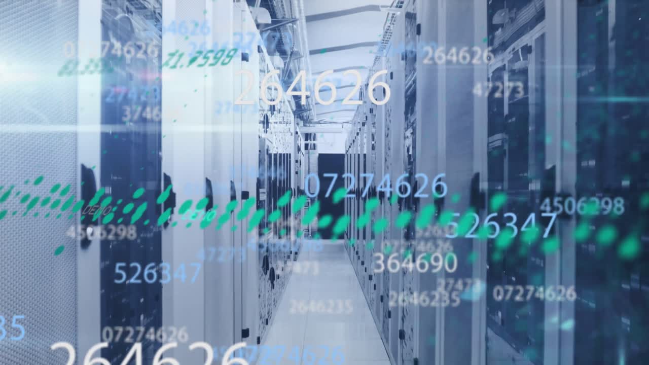 Multiple changing numbers floating against computer server room