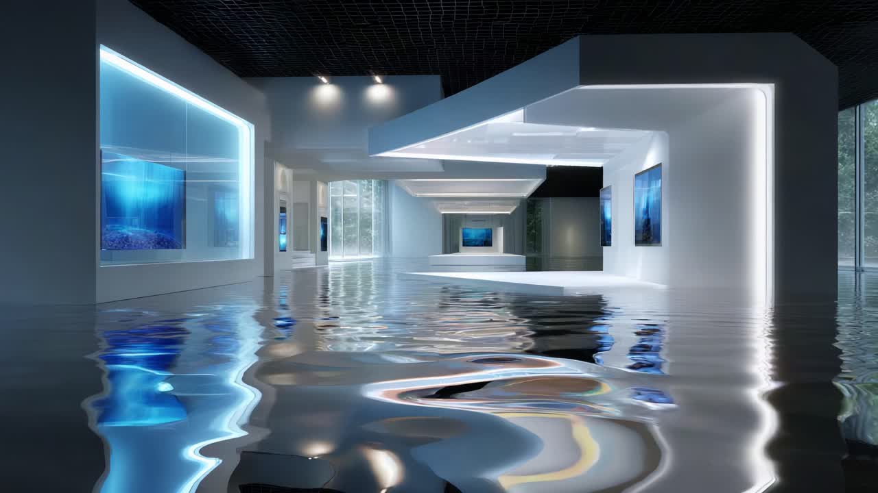 A Modern Gallery Space Submerged in Water: Exploring the Interplay of Art, Architecture, and Nature as Reflected by Flooded Floors in a Contemporary Exhibition Environment